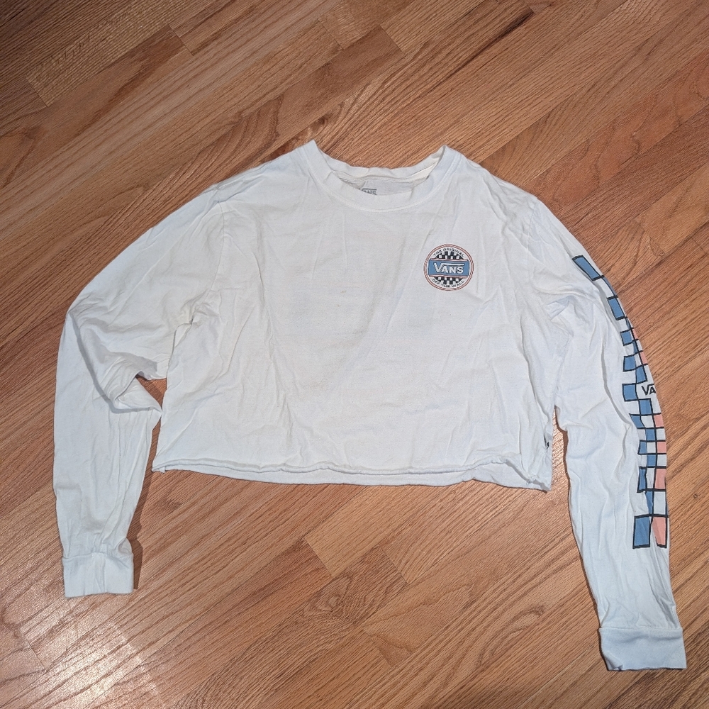 Women's Medium Vans White and Blue Long Sleeve Crop Top